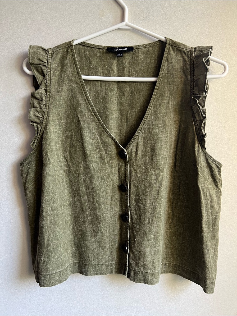Madewell Olive Green V-Neck Ruffle Sleeve Button-Front Top